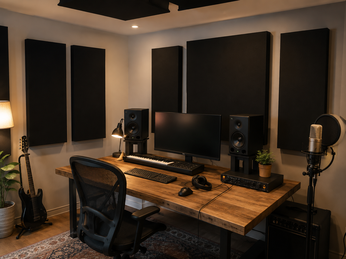 Studio amenajat cu panouri acustice pe pereti, exemplu realist pentru acustica si izolare fonica intr-un spatiu interior.