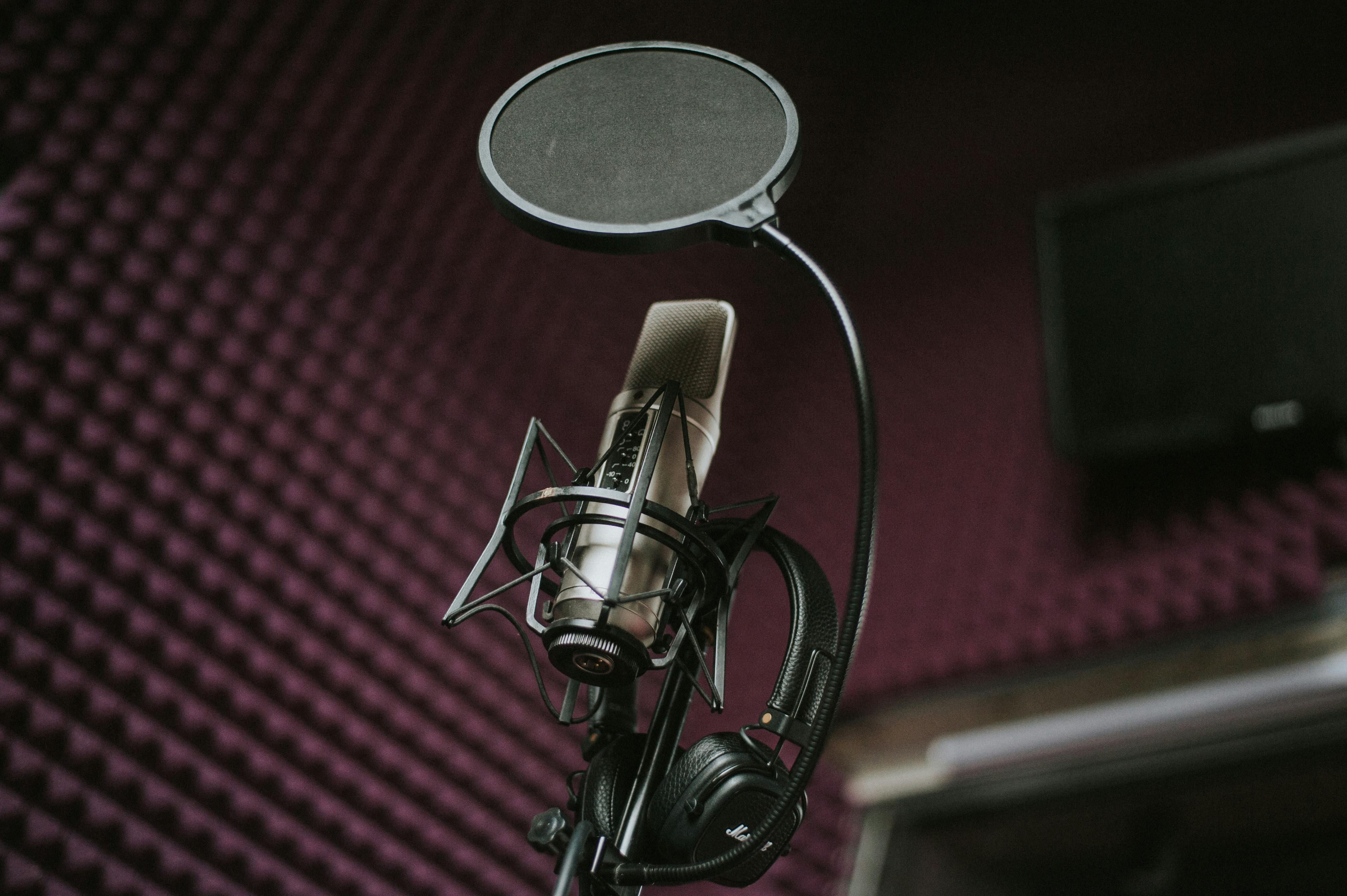 Microfon de studio cu pop filter si pereti acoperiti cu burete piramidal pentru antifonare camera